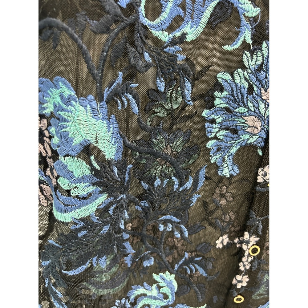 Sheer Black Mesh Floral Embroidered Button Down Shirt Blue Teal Top XL - Picture 8 of 9